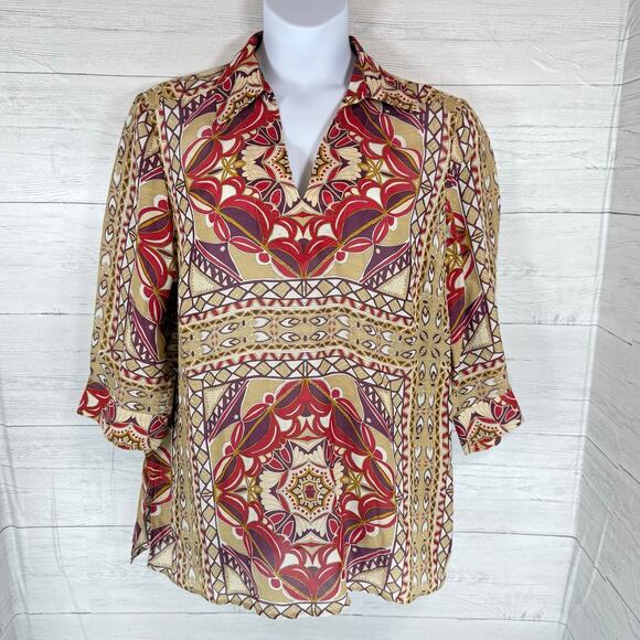 Talbots 16W Plus silk linen tan red blouse cottage boho old money luxury artsy - Picture 1 of 7